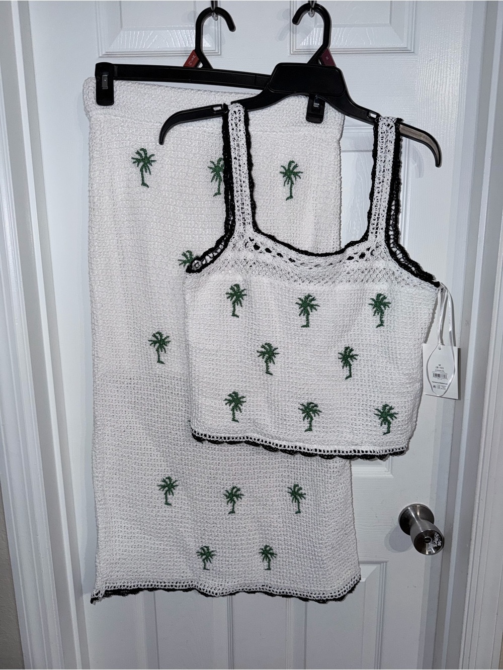 White Crochet Bandeau Set with Green Palm Embroidery